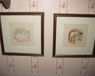 Set of 4 Beatrix Potters etchings, signed F. Warne