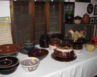 Brown pottery bowls, bean pots and pottery