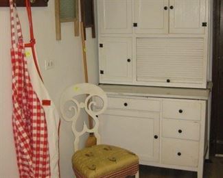 Antique Hoosier cabinet with flour bin, french style chair