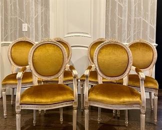 Item 69:  (6) Vintage French Country Dining Room Chairs Upholstered in Luxe Gold Velvet:  $1600 for all                                                                                       (2) Arm Chairs - 22.5"l x 19"w x 39"h                                                       (4) Chairs - 19"l x 19"w x 39"h