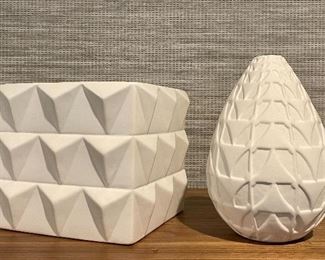 Item 79:  Dwell Studios Square Container (left) - 8.25" x 6.75":   $70                                                                                                   
Item 80:  Studio/A Home Vase (right) - 12.5" x 6":  $70