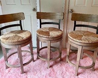 Item 107:  (3) Hillsdale Furniture Rattan Swivel Bar Stools - 18"l x 18"w x 37"h and seat height - 25":  $285 set