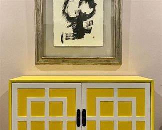 Item 144:  Eclectic Yellow Two Door Credenza Feat. White Geometric Design - 52"l x 20"w x 32"h:  $450