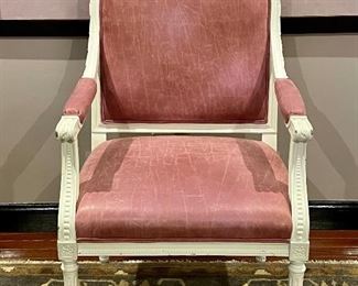 Item 145:  Pink Leather Armchair, Ivory Painted Wood - 24"l x 19"w x 34.5"h:  $175