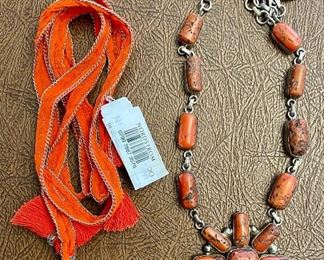 Item 178:  Lot 4 Costume Jewelry - Orange tassel ribbon and Orange Stone Necklace: $24