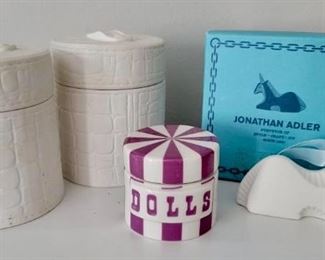 Item 220:  (2) Jonathan Adler Covered Trinket Jars - 3.75":  $32/Each                                                                                                          Item 221:  Jonathan Adler "Dolls" Jar - 2":  SOLD                                   Item 222:  Jonathan Adler Unicorn Ornament:  SOLD