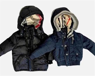 Item 217:  Kids Black Burberry Coat (left):    $75 (SOLD)                                  Item 218:  Kids Navy Burberry Coat (right):  $65