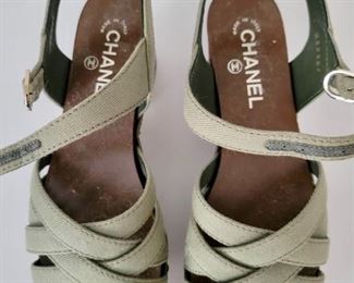 Item 211:  Chanel Women's Olive Green Leather Embellished Criss Cross Ankle Strap Platform Clog Sandals:  $265