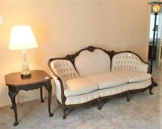 FRENCH STYLE SOFA WITH CARVED TRIM, WATERFORD TABLE LAMP AND SIDE TABLE, FLOOR LAMP 