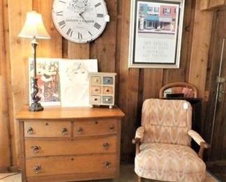 EXAMPLES OF CLOCKS, LAMPS, PRINTS PLUS ANTIQUE OAK CHEST AND CHAIR