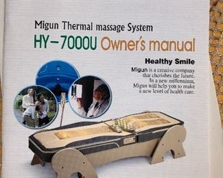 Migun massage bed has all the extras to help you relax. It is in the garage. 