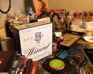 Wine glasses, books, corks, and more. 