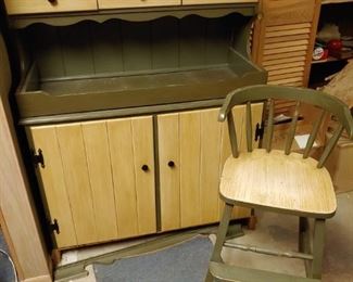 farmhouse green and blonde hutch and chair