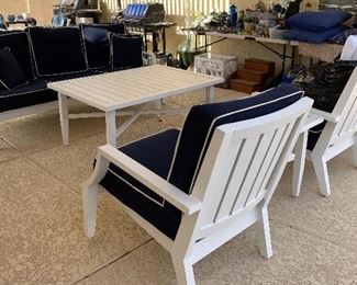 Metal Patio Sofa, 2 Chairs, Coffee Table, End Table w Cushions