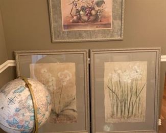Lovely framed prints and floor globe