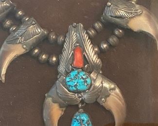 Rare  Claw and Turquoise Squash Blossom Necklace.