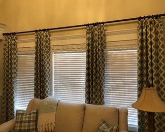 $395 / Triple window, custom window treatments in blue / cream fabric 96" long and extra long 148" rod. TO PURCHASE, TEXT 404-771-6060.