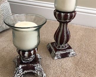 $22 / Pair of pillar stands with hurricane glass shades and candles. TEXT 404-771-6060 to PURCHASE