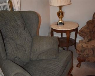 Very nice Wing Back Chair also Marble Top end Table and Table Lamp
