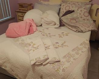 full size bed, linens - - 