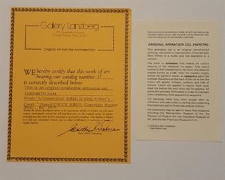 Authentication certificate, Vintage Yosemite Sam animation cel