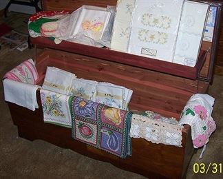 Lane Cedar chest, linens, doilies, etc...