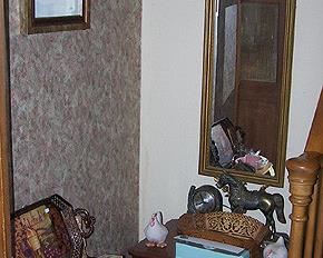 Small record cabinet, magazine rack, wall mirror, horse clock