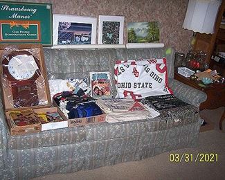 Sofa, New in box Regulator clock, comics, end tables