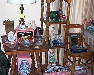 Ball & claw oak lamp table, what not shelf, cane bottom chair, art glass, etc...