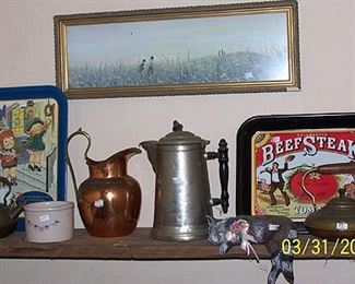 Primitive coffee and tea pots, trays, etc...
