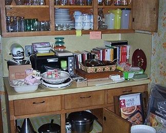 Kitchen Aid mixer, cookbooks, kitchen items