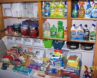  Cleaning products, Gallons of new Behr red barn paint, food storage