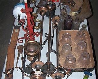 Primitives including wood dough bowl, lighting fixtures, tools and more