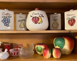 Hull pottery "Blushing Apple" cookie jar, salt & pepper, small jar & Purinton fruit canister set and cookie jar