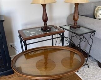 Antique glass top coffee table and metal side tables/lamps