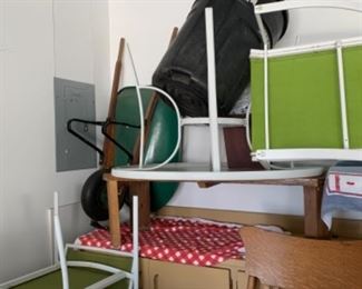 Wheelbarrow and green/white patio furniture