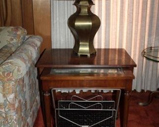 ACCENT TABLES, LAMP, VINTAGE METAL MAGAZINE HOLDER