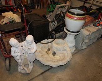 CEMENT BIRD BATH & STATUE