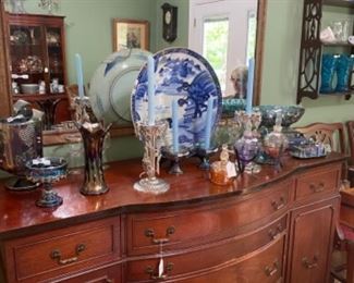 BEAUTIFUL DINING BUFFET/SERVER.  LARGE COLLECTION OF CARNIVAL GLASS. 