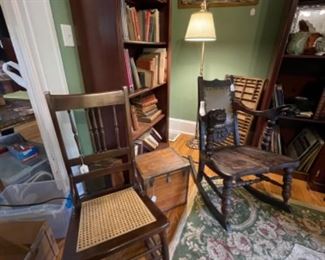 VICTORIAN ROCKER AND CANE BOTTOM SEWING ROCKER.  LOTS OF BOOKS.  EVERY SUBJECT.