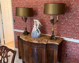 marble top carved and inlaid server/pair marble column lamps