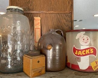 Vintage 5 gallon mason jar, Jacks 1cent cookie container,  vintage coffee grinders, nice pottery jugs