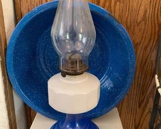 nice blue enamel bowl an d vintage oil lamp