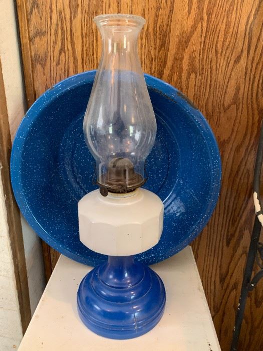 nice blue enamel bowl an d vintage oil lamp