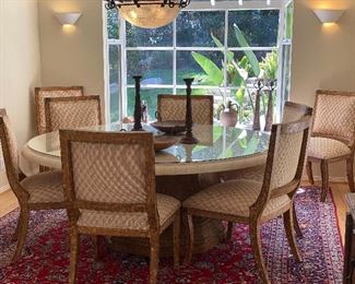 KREISS collection 8 chairs 74 inches marble top with glass protector. This was from our last weekend sale. Persian  Carpet is also for sale 