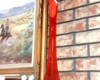 Vintage midcentury red vase with peacock feathers