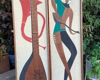Vintage Mid-Century Modern Witco Art!  Amazing pair featuring gambusi type instrument with actual strings on instrument!  Very nice detail with outstanding detail and color pop.  Measure 12 1/2" wide x 48 1/2" tall.  Great condition!  Amazing Find!!!!