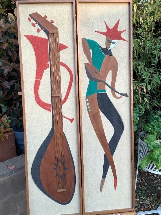 Vintage Mid-Century Modern Witco Art!  Amazing pair featuring gambusi type instrument with actual strings on instrument!  Very nice detail with outstanding detail and color pop.  Measure 12 1/2" wide x 48 1/2" tall.  Great condition!  Amazing Find!!!!