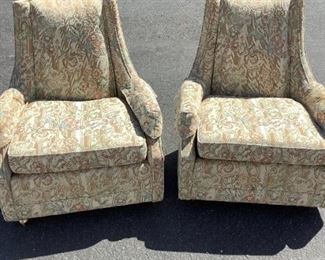 Pair of Vintage Mid-Century Modern Arm Chairs! Nice tall back design, original upholstery, comes with original arm protective covers, good wheels, great condition!  Pair stayed in the same home since they were purchased and well cared for over the years!  Tall back measures 3ft tall.  Amazing find!  