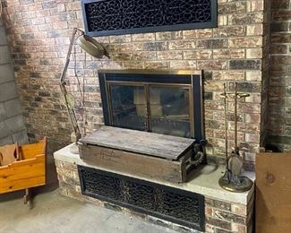 Wooden box, fireplace set, lamp